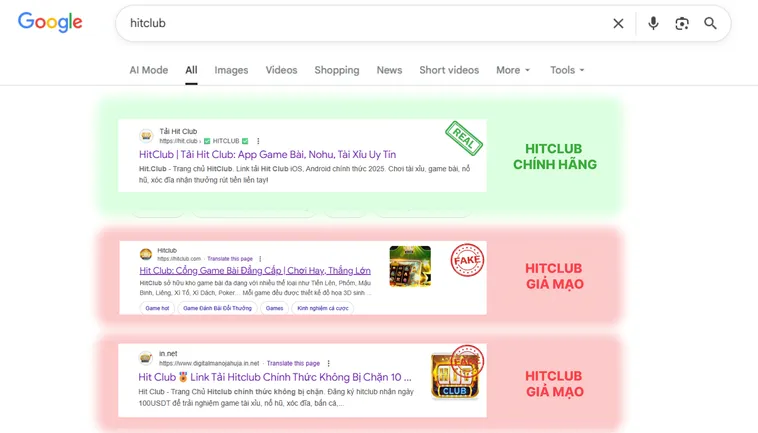 Hình minh họa cho thấy trang web thật của hit.club, có thiết kế chuẩn và nội dung được xác minh rõ ràng.